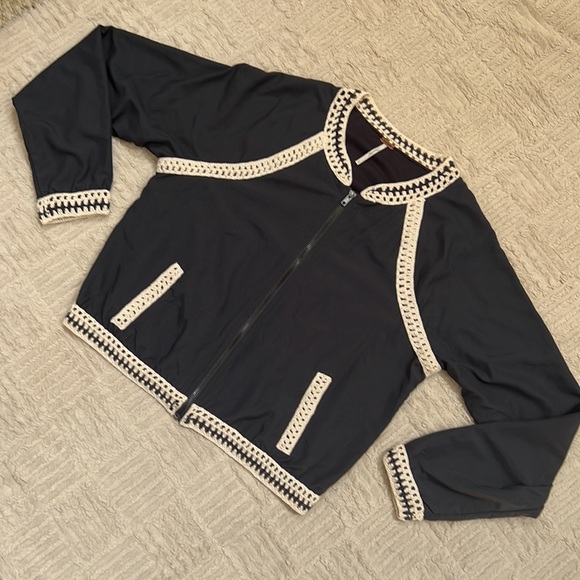 Free People baseball jacket cropped crochet trim Size Large - Picture 9 of 16